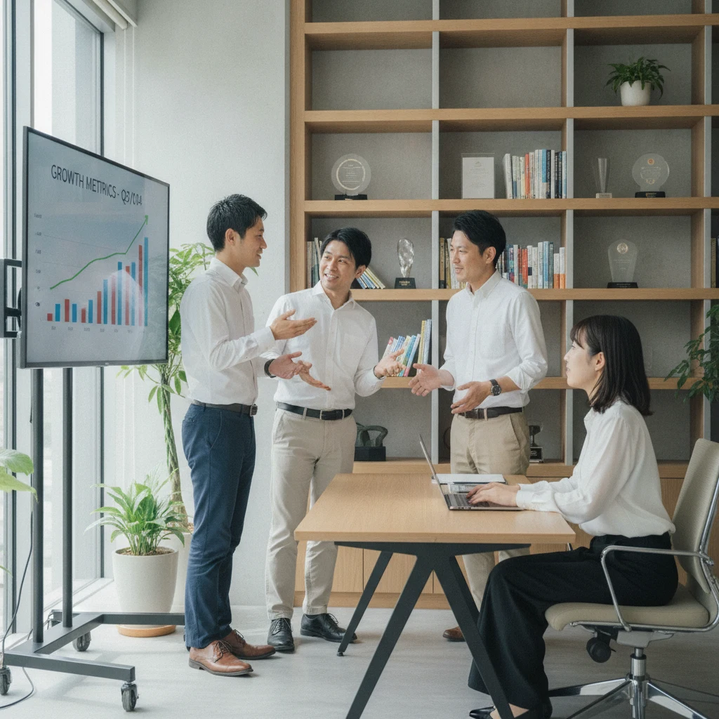 売上グラフを共有しながら会議する運営チーム